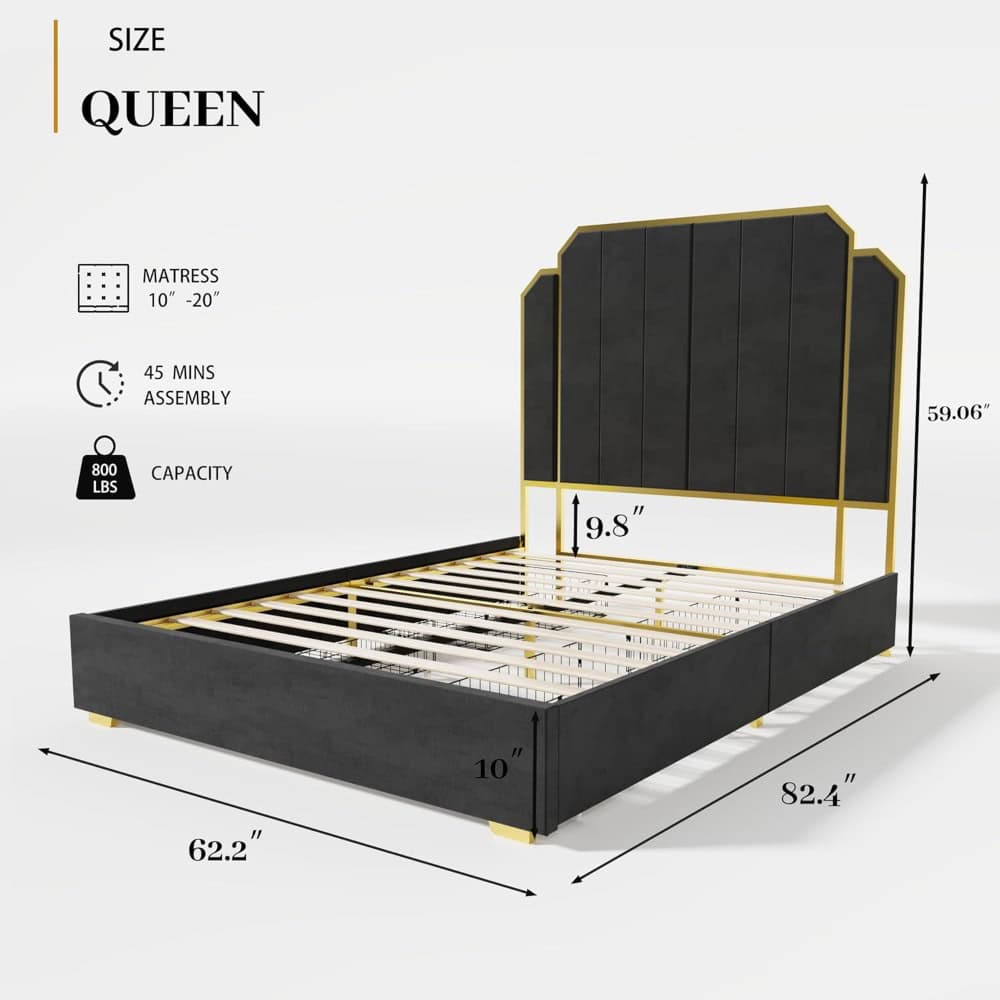 Elegant queen bed frame with a stylish black and gold design, measuring 62.2” x 82.4” x 59.06”. Features a sturdy 10” mattress support, quick 45-minute assembly, and an 800 lbs capacity, perfect for modern bedroom décor.