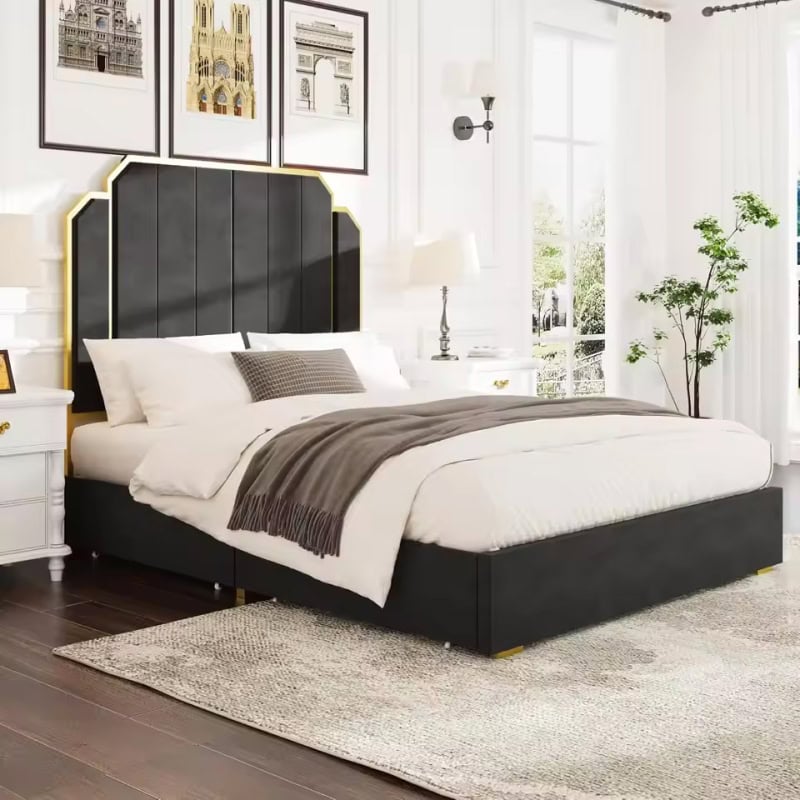 Elegant black upholstered bed with gold accents, modern design, perfect for stylish bedrooms and interior decor.