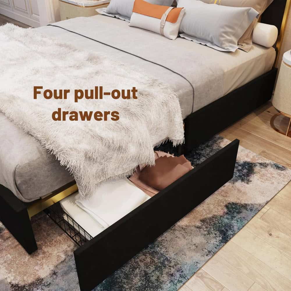 Queen Platform Bed Frame with 59" Velvet High Headboard, Gold Accent & Storage - Image 5