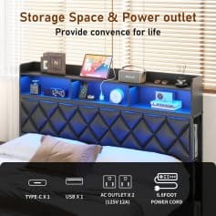 Modern bedroom storage shelf with built-in USB and AC outlets, ideal for charging devices and organizing personal items, featuring stylish blue LED lighting.