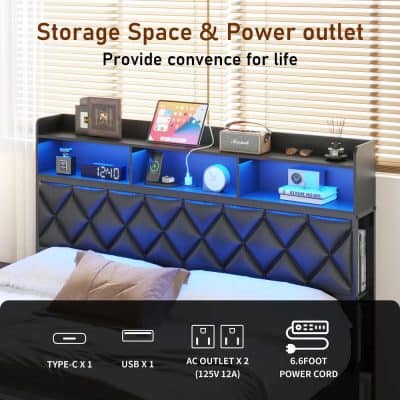 Modern bedroom storage shelf with built-in USB and AC outlets, ideal for charging devices and organizing personal items, featuring stylish blue LED lighting.
