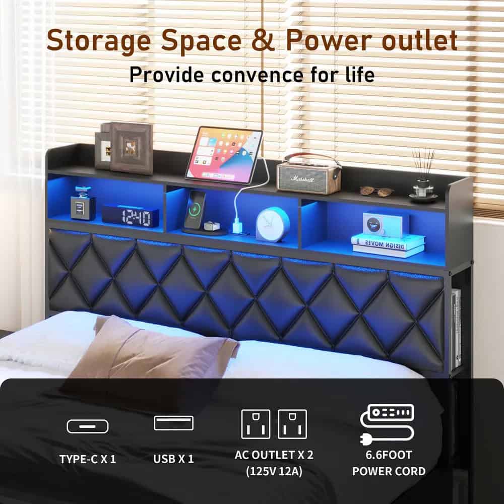 Modern bedroom storage shelf with built-in USB and AC outlets, ideal for charging devices and organizing personal items, featuring stylish blue LED lighting.