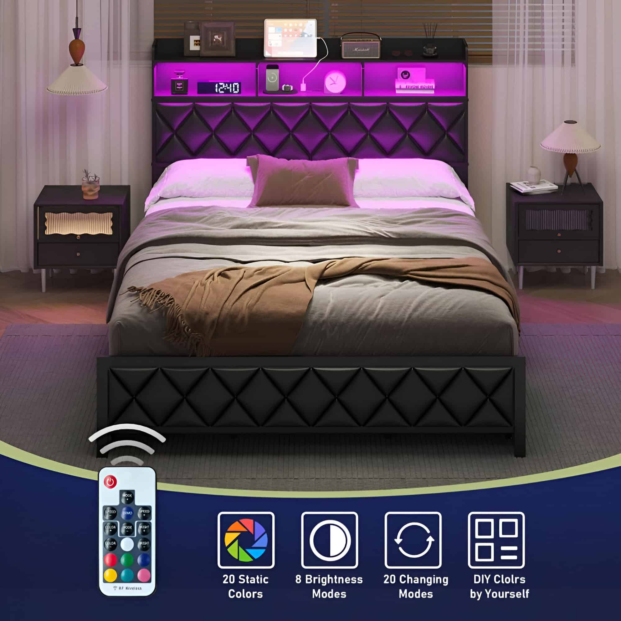 Queen Bed Frame with Storage Headboard, 4 Drawers, RGB LED, and Charging Station - Image 5