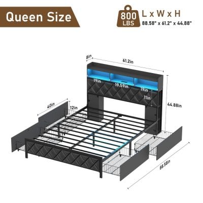Modern queen size bed frame featuring built-in storage drawers and illuminated shelving, perfect for stylish bedroom organization and space saving.