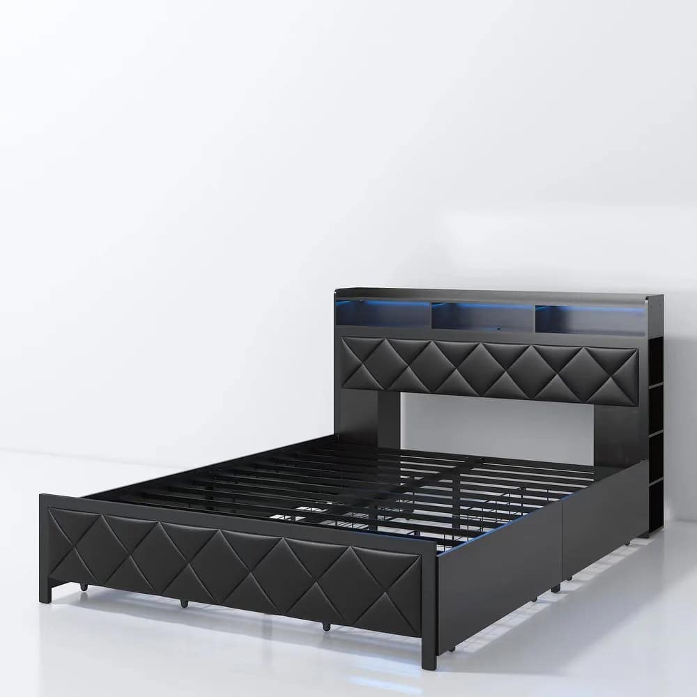 Queen Bed Frame with Storage Headboard, 4 Drawers, RGB LED, and Charging Station - Image 7
