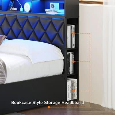 Stylish black bookcase headboard with multiple shelves for storing books and bedroom essentials. Ideal for creating a modern and organized space, enhancing bedroom decor with functional style.