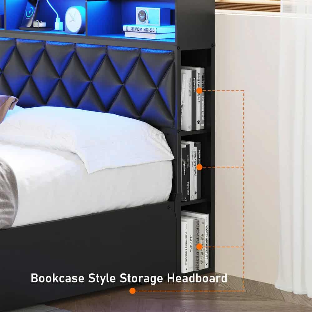 Stylish black bookcase headboard with multiple shelves for storing books and bedroom essentials. Ideal for creating a modern and organized space, enhancing bedroom decor with functional style.
