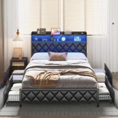 Modern bedroom with black upholstered headboard featuring diamond tufting, nightstands, and ambient lighting. Stylish, comfortable, and perfect for a relaxing sleep environment.