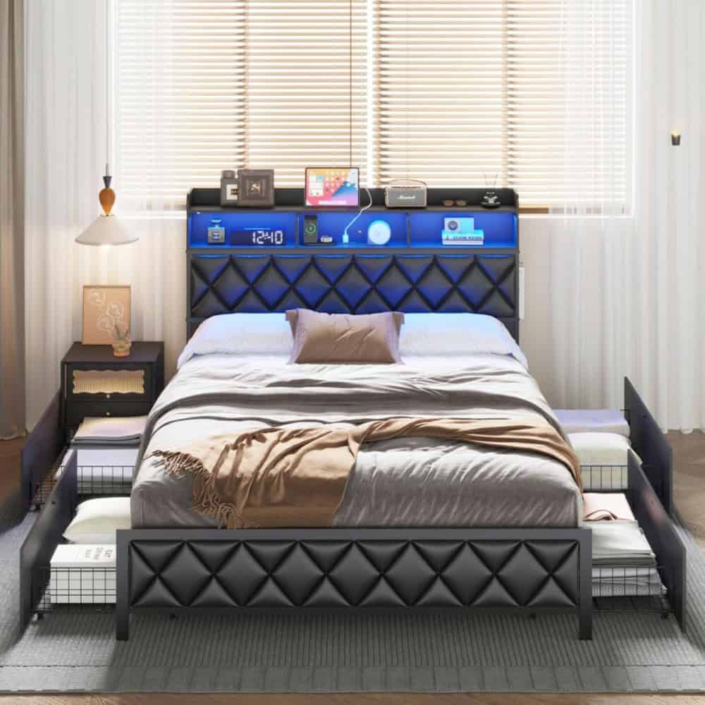 Modern bedroom with black upholstered headboard featuring diamond tufting, nightstands, and ambient lighting. Stylish, comfortable, and perfect for a relaxing sleep environment.