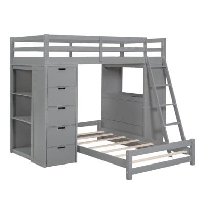 A modern gray loft bed featuring built-in drawers, shelves, and a ladder, ideal for maximizing space and organization in kids' or teens' bedrooms.