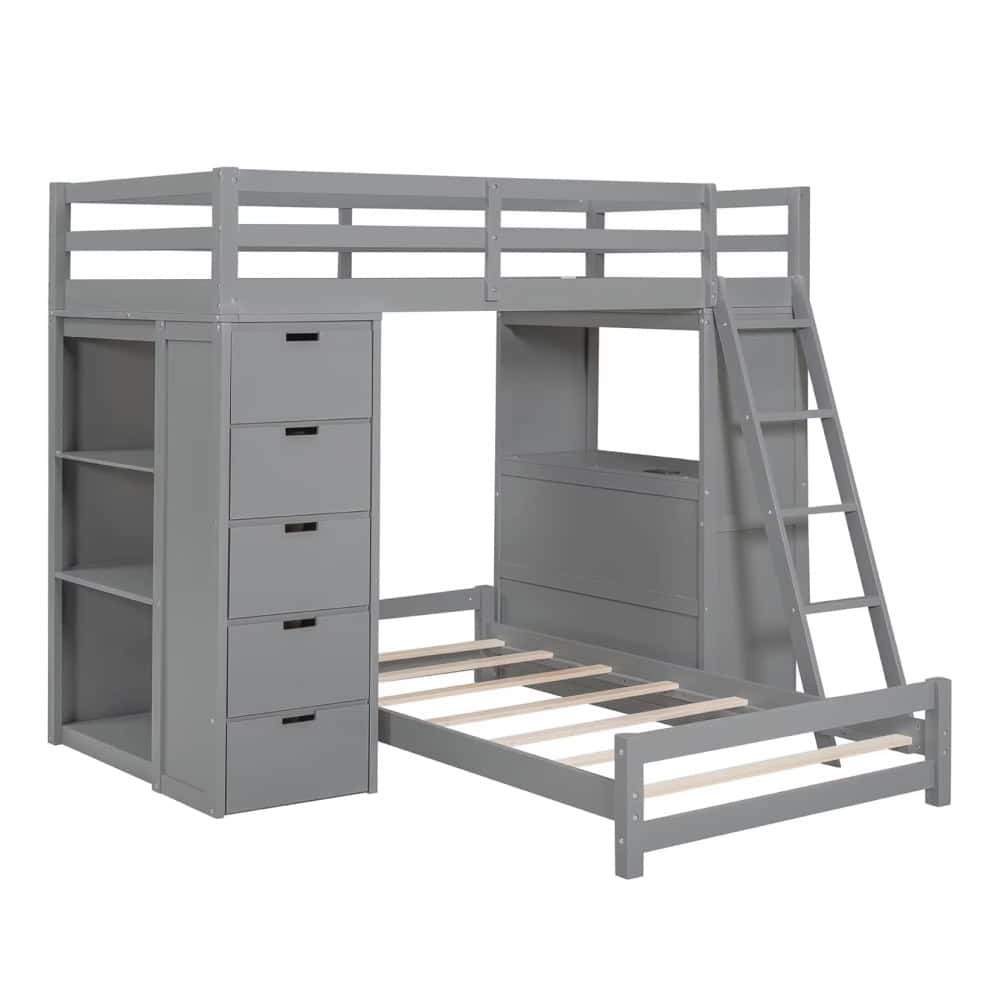 A modern gray loft bed featuring built-in drawers, shelves, and a ladder, ideal for maximizing space and organization in kids' or teens' bedrooms.