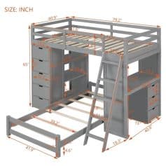 Comfortable bunk bed with built-in drawers and ladder, ideal for maximizing space and organization in kids' or teens' bedrooms.