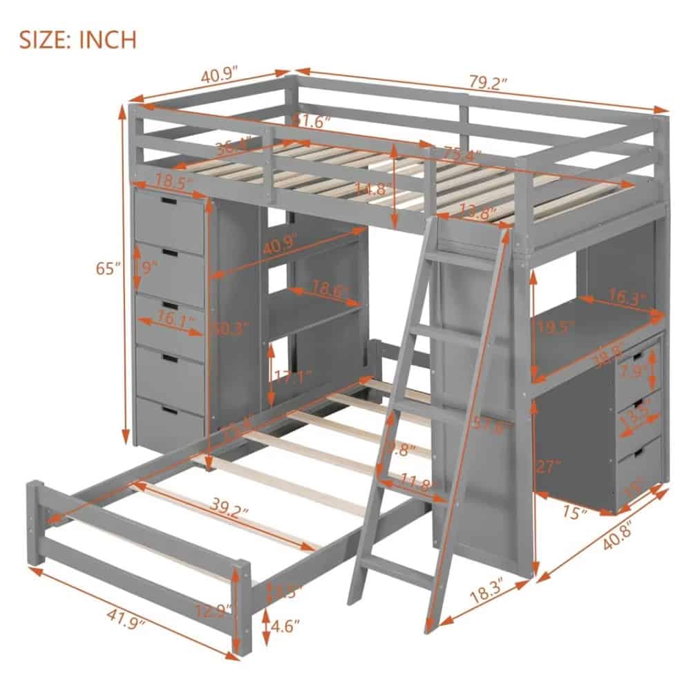 Comfortable bunk bed with built-in drawers and ladder, ideal for maximizing space and organization in kids' or teens' bedrooms.