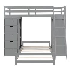 High-quality gray loft bed with integrated drawers and shelves, ideal for space-saving bedroom solutions and modern home decor.