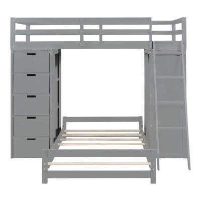 High-quality gray loft bed with integrated drawers and shelves, ideal for space-saving bedroom solutions and modern home decor.