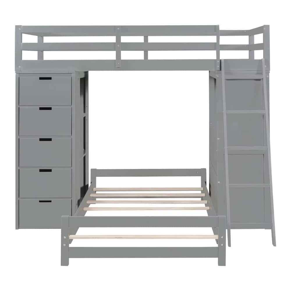 High-quality gray loft bed with integrated drawers and shelves, ideal for space-saving bedroom solutions and modern home decor.