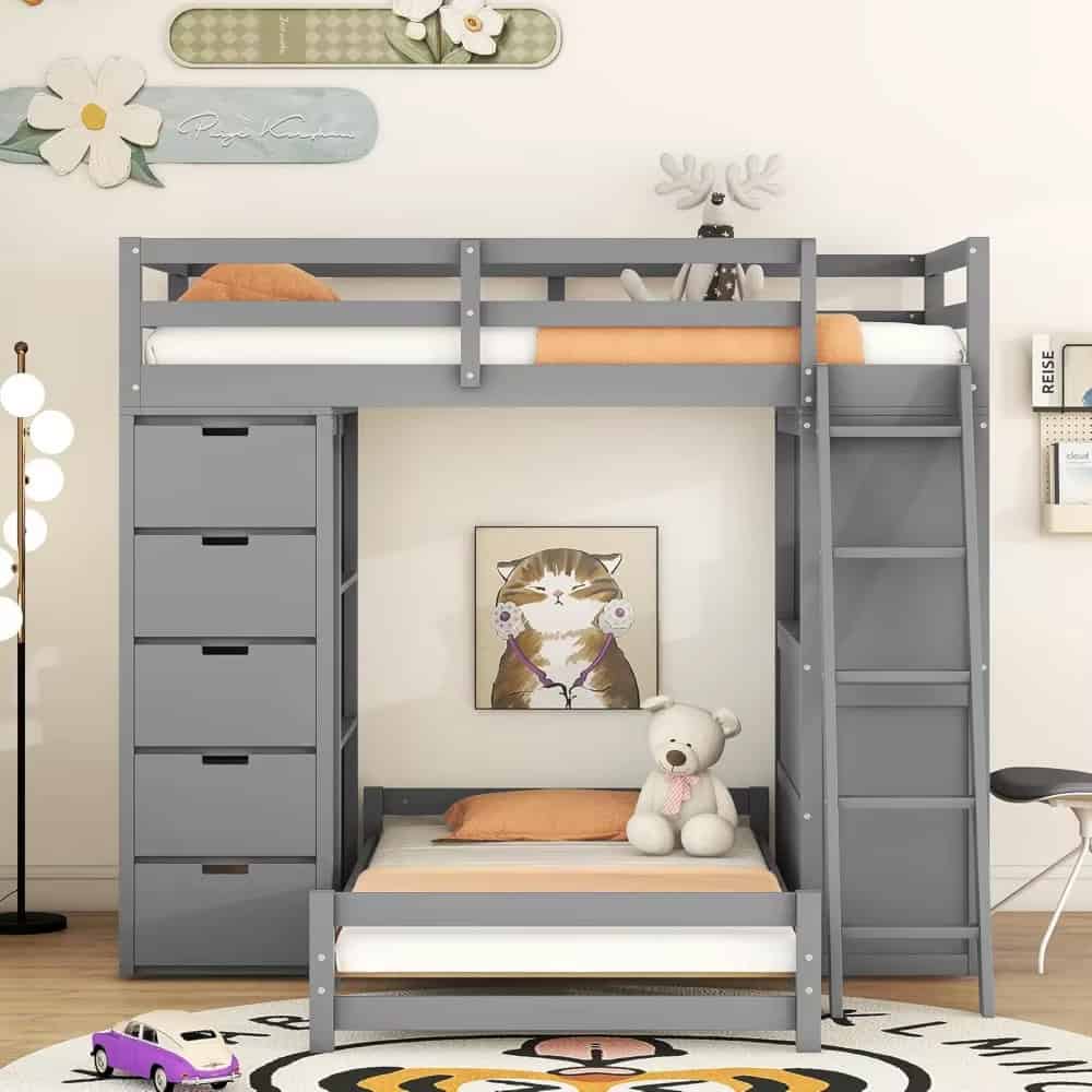Twin Over Twin Bunk Bed with Desk, Shelves, Storage Drawers, LED, and USB Ports - Image 2