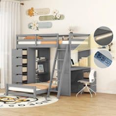 Modern gray loft bed for kids with integrated study desk and storage drawers, perfect for space-saving in kids' bedrooms, combining sleeping and working areas.