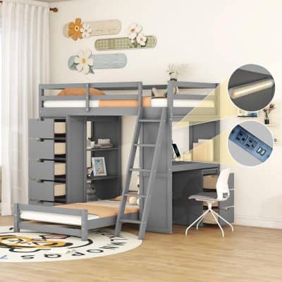 Modern gray loft bed for kids with integrated study desk and storage drawers, perfect for space-saving in kids' bedrooms, combining sleeping and working areas.