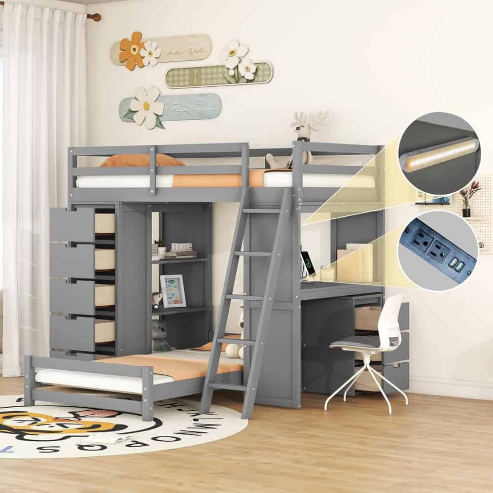 Modern gray loft bed for kids with integrated study desk and storage drawers, perfect for space-saving in kids' bedrooms, combining sleeping and working areas.