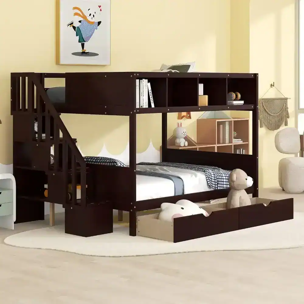 Dark wood-inspired multi-functional kids bunk bed with stairs and under-bed storage drawers, perfect for space-saving children's bedroom furniture.