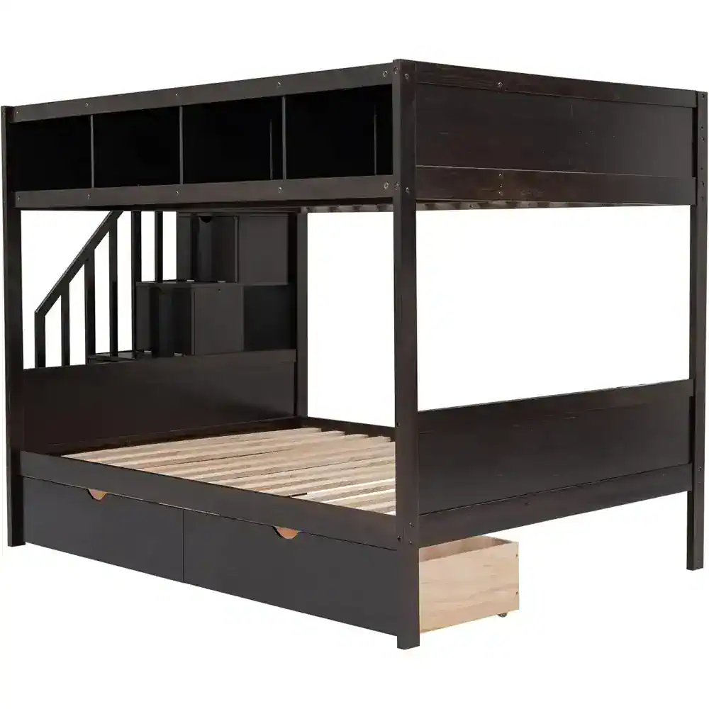 Black loft bed featuring integrated stairs and storage drawers, ideal for maximizing space in children's or teen bedrooms with modern, durable design.