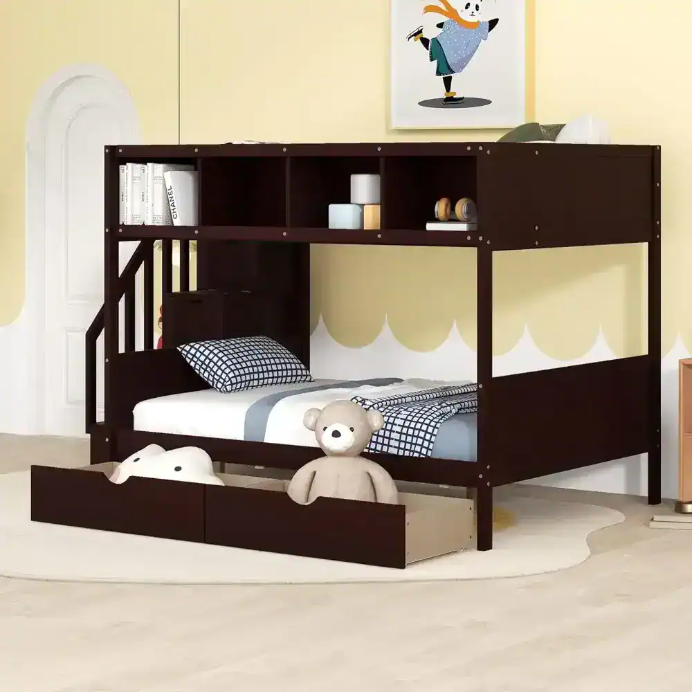 Wooden Twin Over Full Bunk Bed with Storage Staircase, Shelves, and Drawers - Image 3