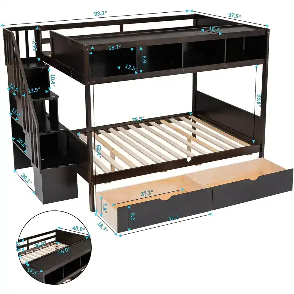 Stylish black twin over full bunk bed with stairs, storage drawers, and safety rails, perfect for kids and teens. Space-saving design with sturdy construction for kids' bedrooms.