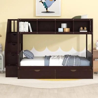 Kids loft bed with built-in storage, study space, and cozy bedding — perfect for small bedrooms, featuring dark wood finish for a stylish, functional, and space-efficient kids' bedroom.