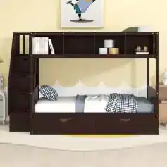 Modern loft bed with integrated storage for kids' bedrooms, featuring a built-in bookcase, drawers, and space for bedding to maximize space and functionality.
