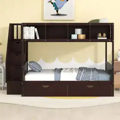 Modern loft bed with integrated storage for kids' bedrooms, featuring a built-in bookcase, drawers, and space for bedding to maximize space and functionality.