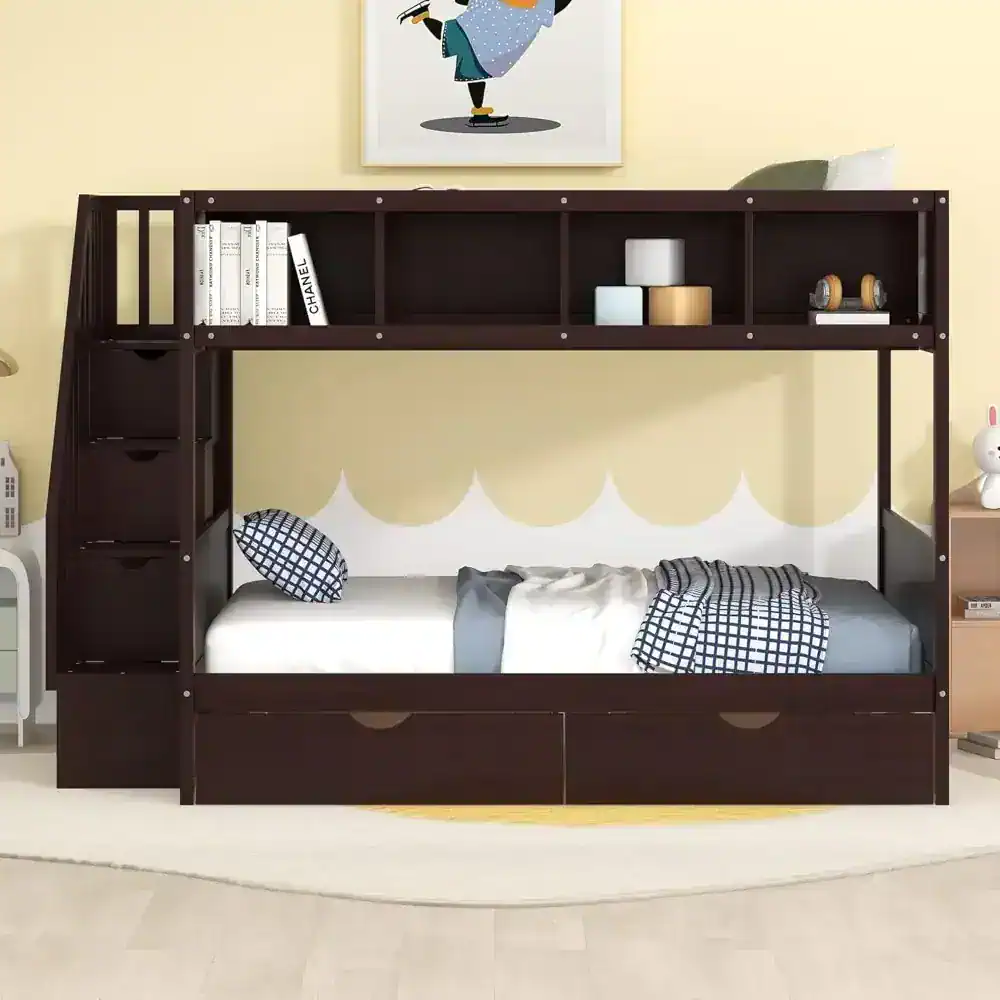 Modern loft bed with integrated storage for kids' bedrooms, featuring a built-in bookcase, drawers, and space for bedding to maximize space and functionality.