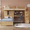 A cozy bedroom featuring a wooden loft bed with integrated study area, shelves, and drawers, ideal for kids or students to sleep, study, and organize in a compact space.