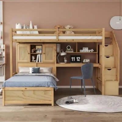 A cozy bedroom featuring a wooden loft bed with integrated study area, shelves, and drawers, ideal for kids or students to sleep, study, and organize in a compact space.