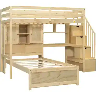 Wooden loft bed with integrated storage drawers and shelves for kids or teens, ideal for maximizing space in bedroom or playroom. Durable, stylish, and multifunctional furniture solution.
