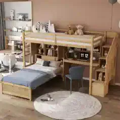 Bright children's bedroom with a wooden loft bed, study desk, and shelves for organizing books and toys, perfect for children's rooms.