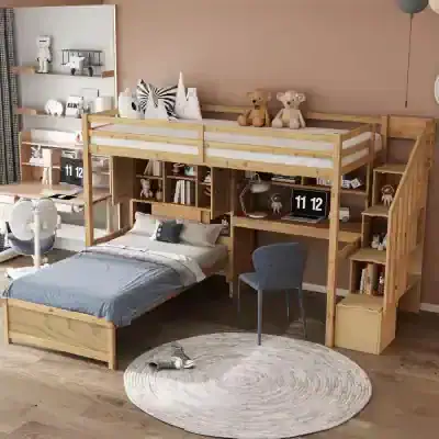 Bright children's bedroom with a wooden loft bed, study desk, and shelves for organizing books and toys, perfect for children's rooms.