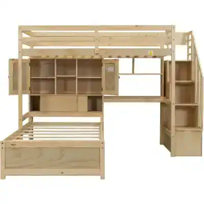Wooden loft bed with integrated storage, shelves, and a study area, ideal for optimizing small spaces for children's bedroom and study needs, featuring durable and eco-friendly materials.