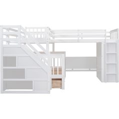 Bright white wooden loft bed for kids, featuring safety rails and built-in stairs with storage drawers, ideal for maximizing space in children's bedrooms.