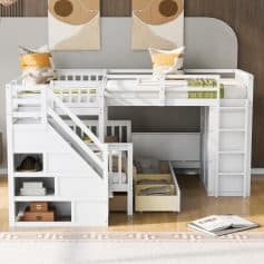 Modern white loft bed with integrated storage and stairs for children's room, featuring safety rails and multifunctional design.