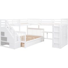White kids loft bed with storage, staircase, and safety rails, perfect for children's bedrooms. Combines functionality with a sleek, space-efficient design for optimal room organization.