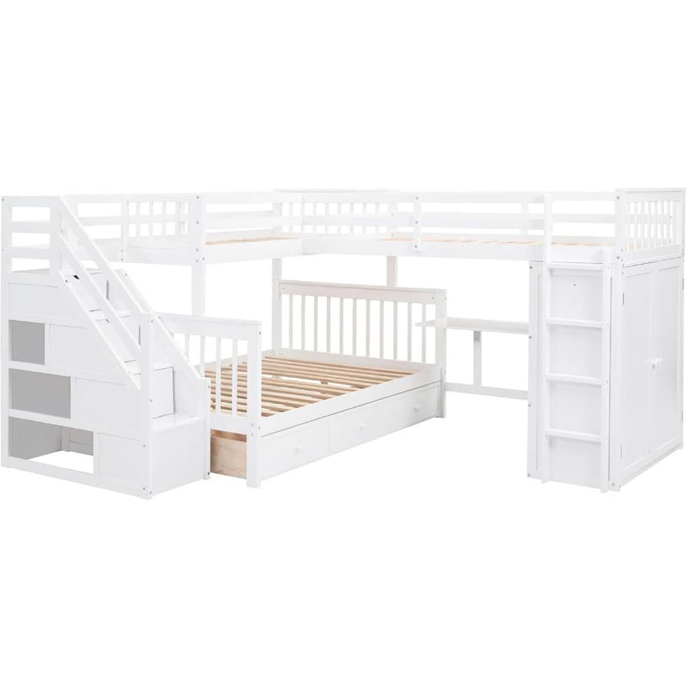White kids loft bed with storage, staircase, and safety rails, perfect for children's bedrooms. Combines functionality with a sleek, space-efficient design for optimal room organization.