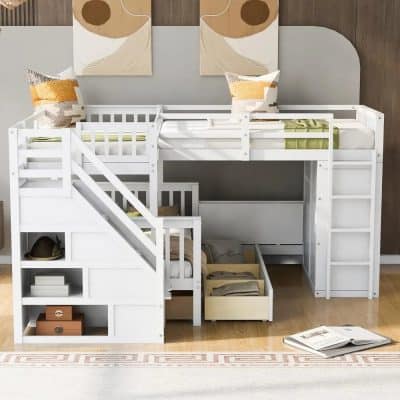 Space-Saving L-Shaped Triple Bunk Bed with Desk, Stairs, Wardrobe, and Storage