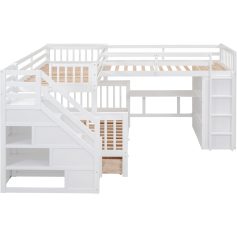 Bright white loft bed with stairs, storage, and safety rails - perfect for kids' bedrooms, maximizing space and comfort.