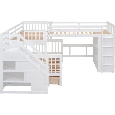 Bright white loft bed with stairs, storage, and safety rails - perfect for kids' bedrooms, maximizing space and comfort.