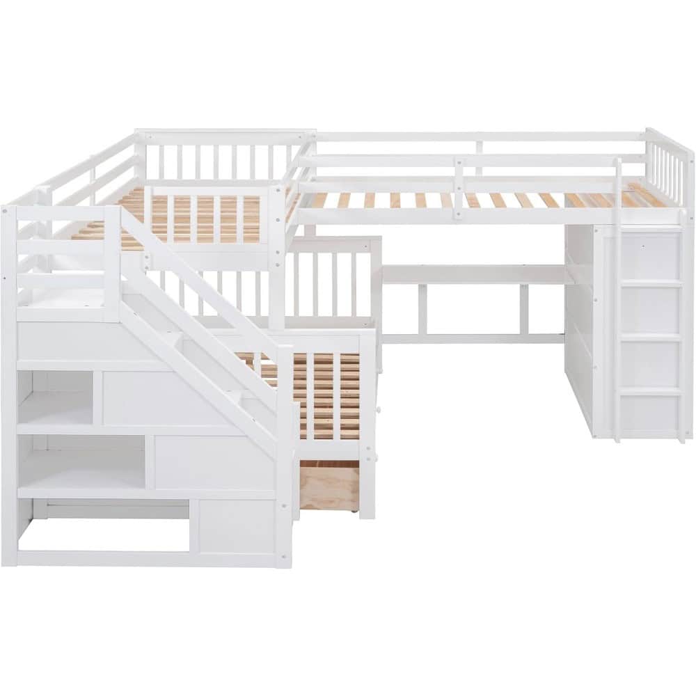 Bright white loft bed with stairs, storage, and safety rails - perfect for kids' bedrooms, maximizing space and comfort.