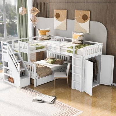 Bright white bunk bed with integrated storage, ladders, and cozy bedding, ideal for children’s rooms. Modern design perfect for maximizing space and comfort in kid-friendly bedrooms.