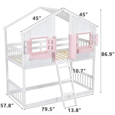 A cute, white wooden playhouse loft bed with pink window shutters, featuringDimensions: 57.8