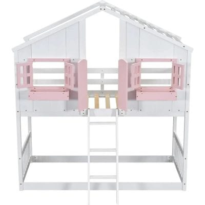 Beautiful white and pink wooden toy house bed for children, featuring a playhouse design with small balcony and ladder, perfect for kids’ bedrooms and encouraging imaginative play.