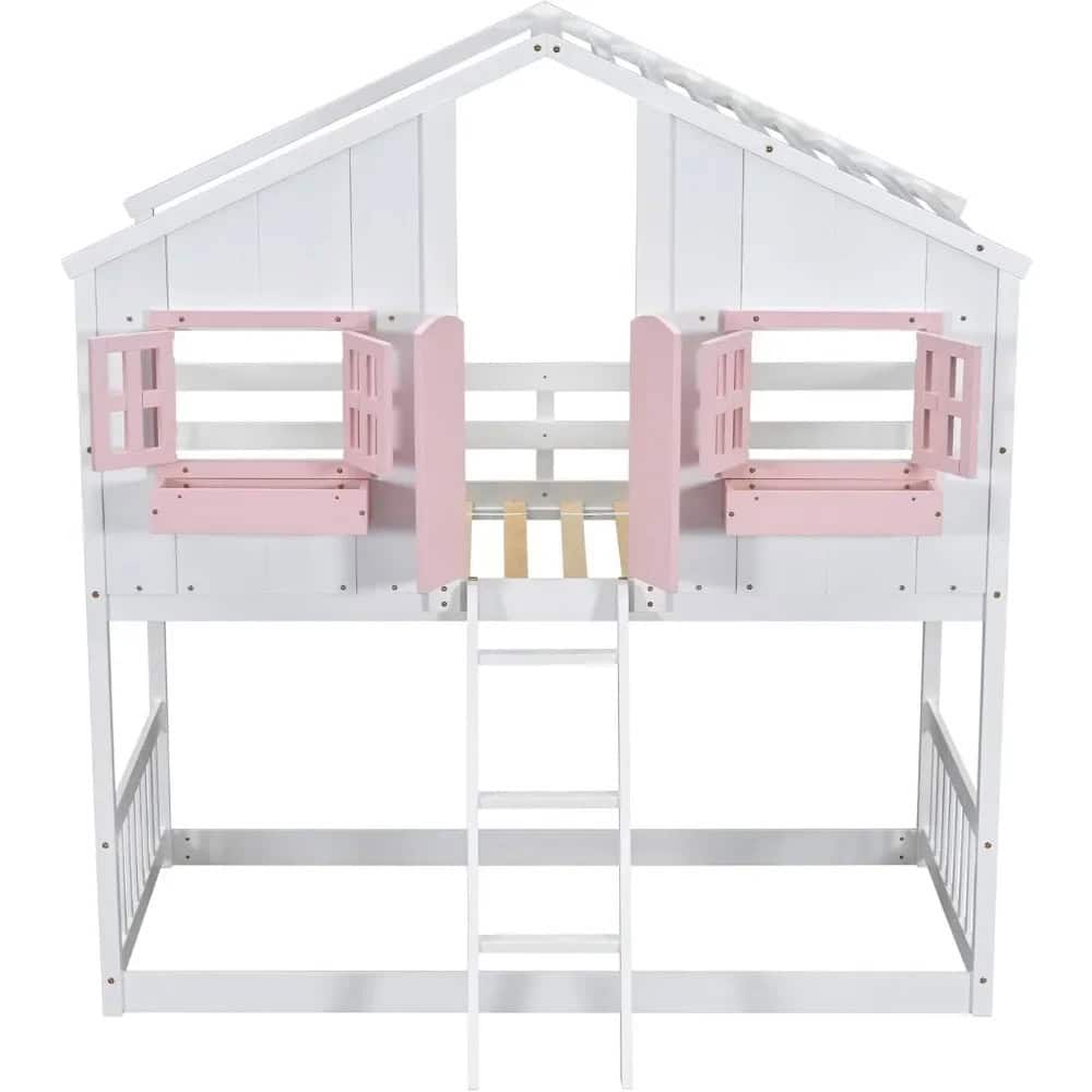 Beautiful white and pink wooden toy house bed for children, featuring a playhouse design with small balcony and ladder, perfect for kids’ bedrooms and encouraging imaginative play.